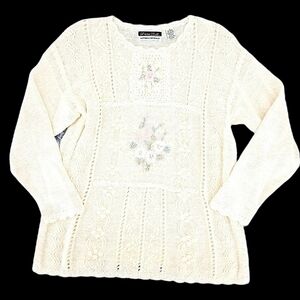 Dana Scott Women's M Vtg Cream Floral Embellished Bling Sweater Cute Patterns